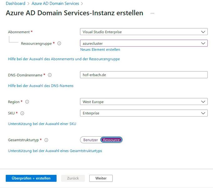 Festlegen des Gesamtstrukturtyps der neuen Instanz von Azure AD Domain Services. (Bild: Joos / Microsoft)