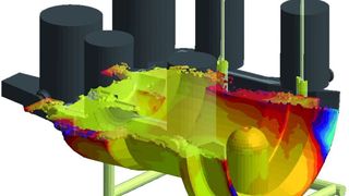 In MAGMASOFT simulierte Temperaturverteilung der Formfüllung für ein Stahlguss-Turbinengehäuse. Bild: Magma (Archiv: Vogel Business Media)
