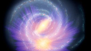 Darstellung der Gaia-Daten kombiniert mit anderen Durchmusterungen und StarHorse-Code über einer Illustration der Milchstraße. Mittig ist deutlich eine Balkenstruktur sichtbar.  (NASA/JPL-Caltech/R. Hurt; Starhorse Overlay: A. Khalatyan)