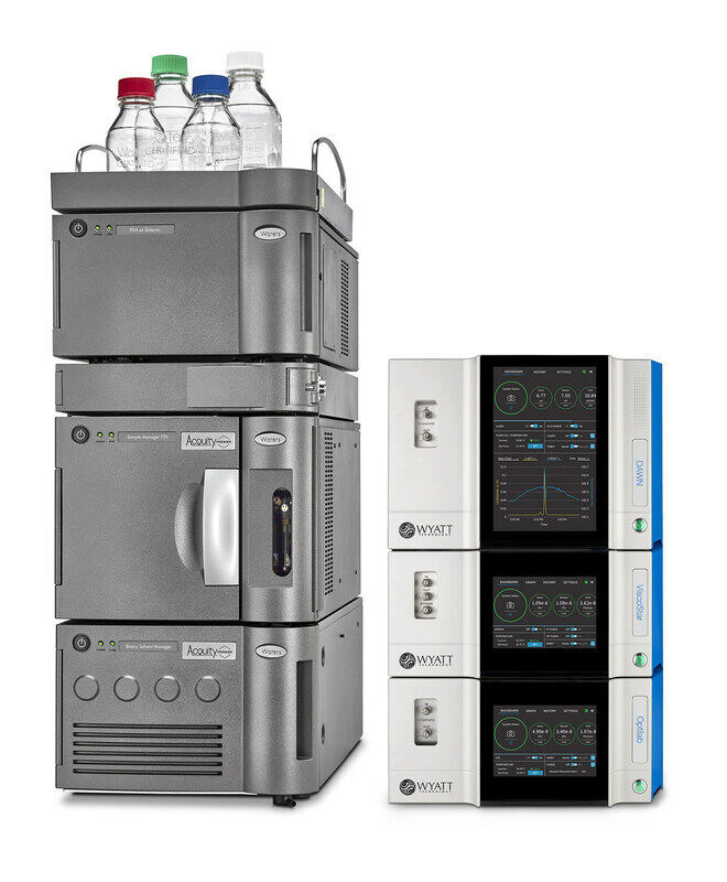 Waters Acquity Ultra Performance Liquid Chromatography system alongside a stack of Wyatt Technology light scattering detectors including the Dawn, Opti Lab, Visco Star.