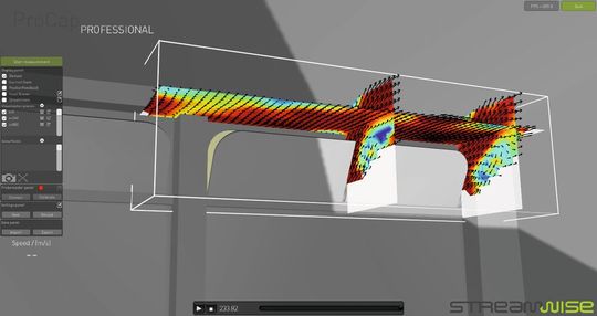 Die Farben und Pfeile zeigen in Echtzeit an, wie stark und in welche Richtung die Aussenluft in die Kabine "fliesst".(Bild:  Streamwise GmbH)