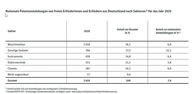 Nationale Patentanmeldungen von freien Erfinderinnen und Erfindern aus Deutschland nach Sektoren 2) für das Jahr 2020. (Quelle: DPMA)
