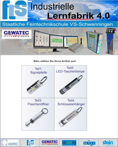 Online-Bestellung bei der Lernfabrik: Der Kunde geht mit seinem Smartphone, Tablet oder PC per QR-Code oder URL auf den Webshop (entwickelt von GEWATEC), gibt seine persönlichen Daten an, wählt einen der vier Schlüsselanhänger aus und gibt die individuelle Gravur (Name, Logo, etc.) ein. (Bild: Feintechnikschule Schwenningen)