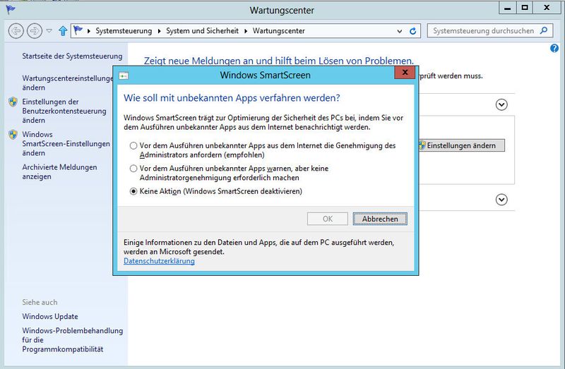Windows Server 2012 blockiert mit dem Smartscreen-Filter oft unbekannte Programme. Die Einstellungen dazu finden Sie über das Wartungscenter und dem Link Windows SmartScreen-Einstellungen ändern. So können Sie für Server in Niederlassungen den Schutz erhöhen. Hier ändern Sie auch Einstellungen der Benutzerkontensteuerung. (Archiv: Vogel Business Media)