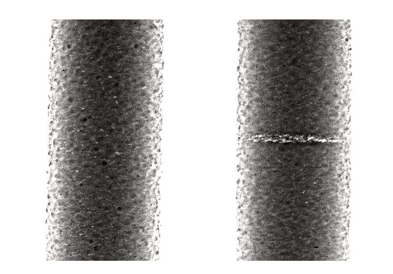 2D-Bild der Referenzprobe ohne Manipulation, Rechts: 2D-Bild der präparierten Probe mit sichtbarem Porenbereich. (Visiconsult)