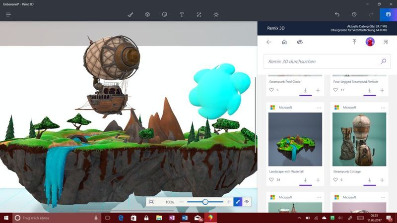 Auf Remix 3D, hier rechts neben Paint 3D zu sehen, kann man fertige 3D-Modelle finden und auch eigene Kunstwerke veröffentlichen. (Vogel IT-Medien)