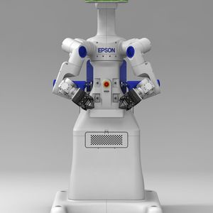 Autonomer Epson-Doppelarmroboter, der mit Sensoren (Kameras, Kraftsensoren, Beschleunignungsmesser) ausgestattet sehr autonom agieren und reagieren kann.