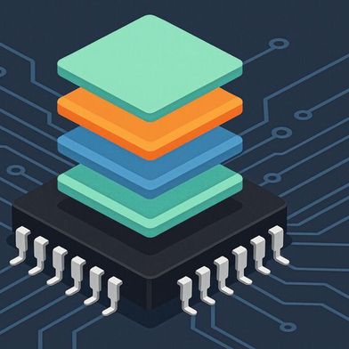 A new manufacturing technique, in which multiple active components are stacked on the back of a computer chip, could significantly increase the energy efficiency of microelectronics. (Image:Dall-E / AI-generated)