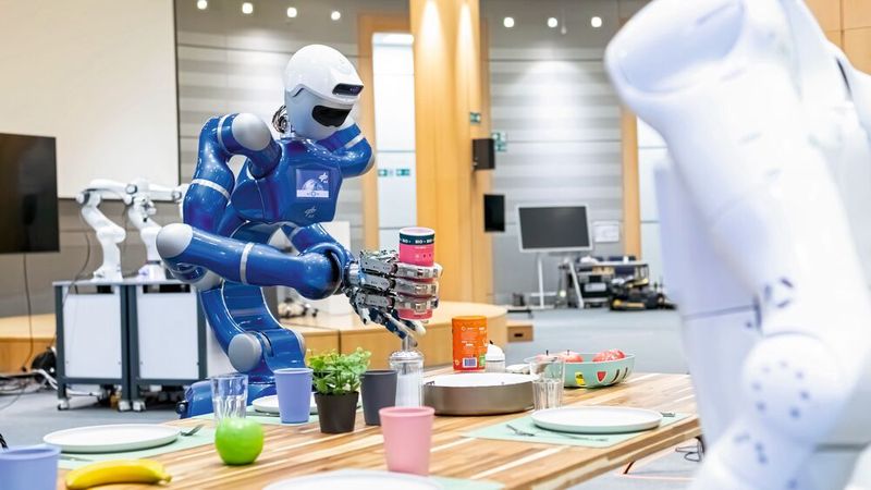 Die Forschenden im euROBIN-Netzwerk arbeiten daran, dass künftig auch verschiedene Robotern zusammenarbeiten können. Bei der gemeinsamen Aufgabe „Frühstückstisch abräumen“ hier agieren insgesamt vier verschiedene Roboter jeweils selbstständig, unter „Rücksichtnahme“ der anderen Roboter. (Bild: DLR (CC BY-NC-ND 3.0))