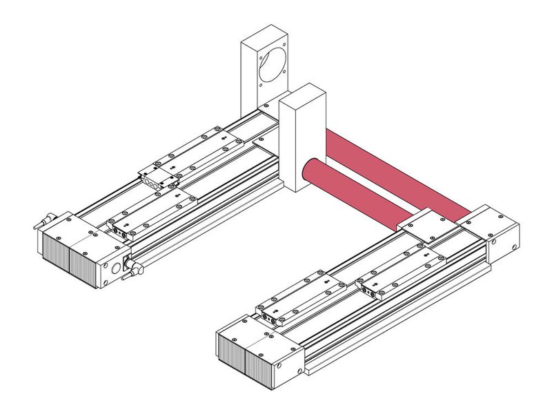 Modul 160/15 GPA mit der gängigsten Motoranbauvariante. Durch die Verbindungswellen (in rot) werden die Bewegungen der Schlittenpaare synchronisiert. (Bild: IEF-Werner)