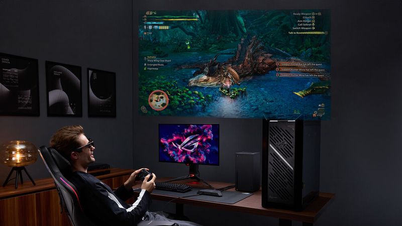 Die beiden transparenten Micro-OLED-Panels der AR-Brille ROG Xreal R1 von Asus sorgen dafür, dass Träger einen riesigen im Raum schwebenden 171-Zoll-Bildschirm zu sehen scheinen.(Bild:  Asus)