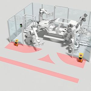 Das Sicherheitsprogramm passt das Schutzfeld dynamisch um das sich bewegende FTS an. Es kann so automatisiert in die Station einfahren, an der Parkposition das Material übergeben und anschließend die Station wieder verlassen(Bild:  Leuze electronic GmbH + Co. KG)