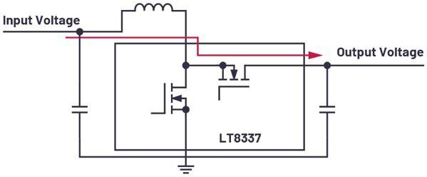 Figure 3. An LT8337 boost regulator with Silent Switcher technology that also offers PassThru mode.