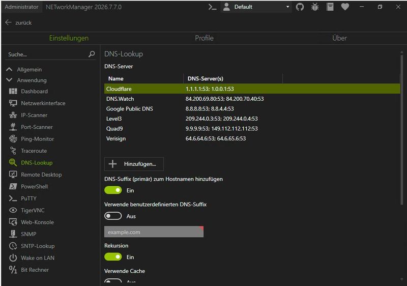 In den Einstellungen für DNS-Lookup wählt der Administrator vordefinierte öffentliche Resolver, darunter Cloudflare und Quad9, oder hinterlegt eigene Server. (Bild: Joos - BornToBeRoot)