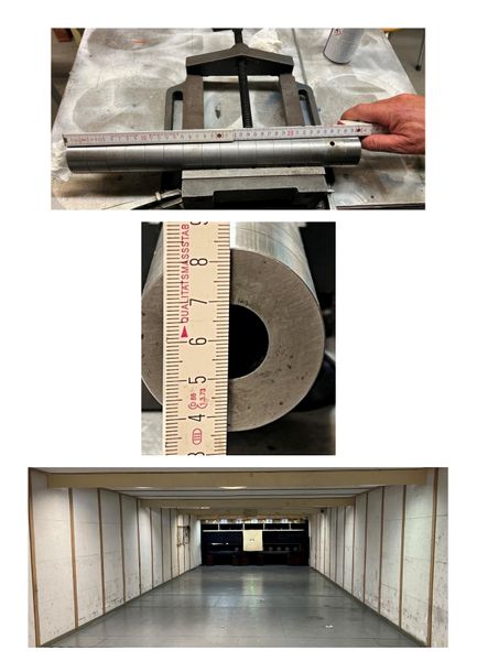 Abb.3: Schussversuche mit Prüflauf Kaliber 20 mm ohne Drall, Lauflänge 36 cm befüllt mit 90 grain Jagdschwarzpulver No.1. Schussabstand 20 m. Ausrichtung mit Laserpunkt mittels eines identischen Justierzylinders. (Bild: Mattheck)