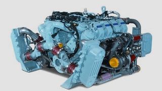 Der erste Voith-Motor für Schienenfahrzeuge: ein 4-Takt-Diesel mit Abgasturboaufladung, doppelte Ladeluftkühlung, Abgasrückführung und -kühlung. Bild: Voith Turbo (Archiv: Vogel Business Media)