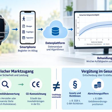Digitale Nachsorge verbindet Aktivitätsdaten und Patientenangaben mit der medizinischen Betreuung. Die CE-Kennzeichnung eines Medizinprodukts bedeutet jedoch nicht, dass seine Anwendung von der gesetzlichen Krankenversicherung erstattet wird.  (Bild: Redaktion Devicemed; KI-generiert, fachliche Grundlage: BV-Med [1,2])