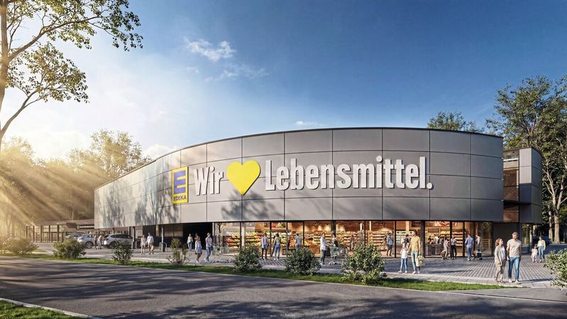 Zusammen mit Edeka Südbayern baut die Jepsen-Autogruppe das frühere Porsche-Zentrum Regensburg zu einem Supermarkt mit Vollsortiment um.(Bild:  Omlor-Weigert Architekten)