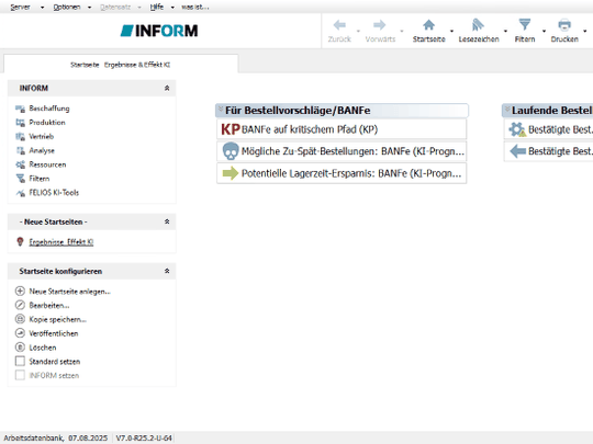 KI-Prognosen für Wiederbeschaffungszeiten im Planungscockpit der Software Felios von Inform, inklusive Warnhinweisen für kritische Bestellvorschläge und Analysen zu Terminabweichungen.(Bild:  Inform)