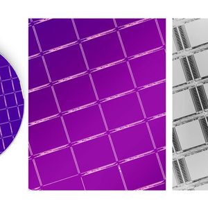 Fehler an Wafern, die bei der Inspektion mit sichtbarem Licht unerkannt bleiben (Bild links und Mitte), lassen sich mit SWIR-Kameras (Bild rechts) deutlich erkennen.(Bild:  SVS-Vistek)