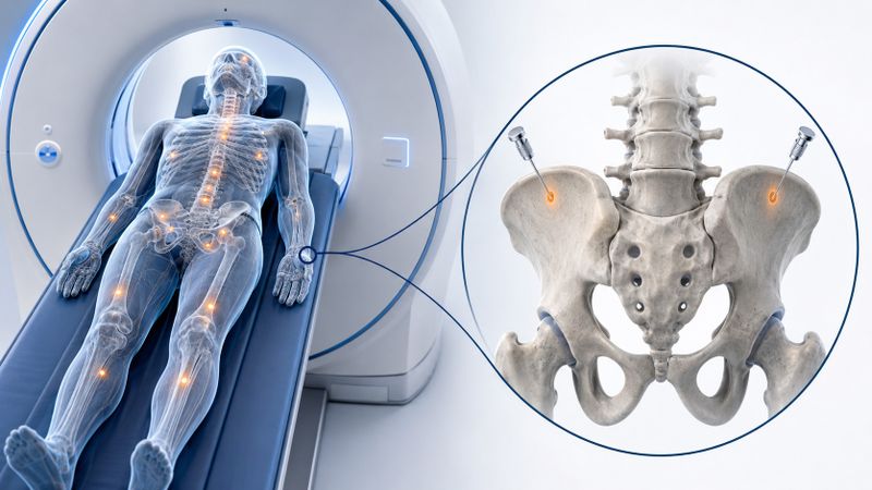 Die PET erfasst das Knochenmark über einen großen Teil des Körpers und kann räumlich verteilte Herde sichtbar machen. Die Knochenmarkprobe untersucht dagegen nur kleine Bereiche an den Beckenkämmen. Die Studie prüfte, ob bei einer unauffälligen Ganzkörper-PET unter festgelegten Voraussetzungen auf die invasive Entnahme verzichtet werden kann.(Bild:  Guido Deußing / KI-generiert)