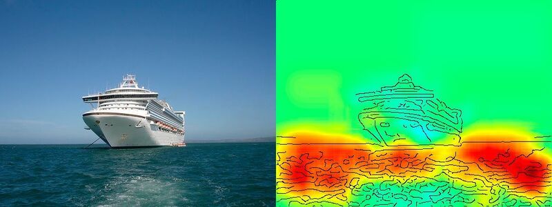 Die Heatmap zeigt ganz deutlich: Der Algorithmus trifft die Entscheidung Schiff oder nicht Schiff anhand der Wasser-Bildpunkte und nicht anhand derer, die das Schiff ausmachen.  (Nature Communications / CC BY 4.0)
