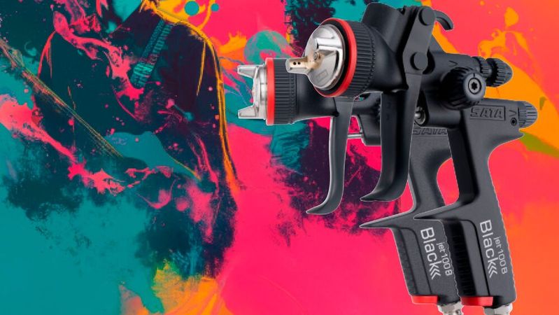 Die Füller-Pistole in der Black Edition als eine Art Vorband für den Hauptakt des Lackierens.(Bild:  Sata)