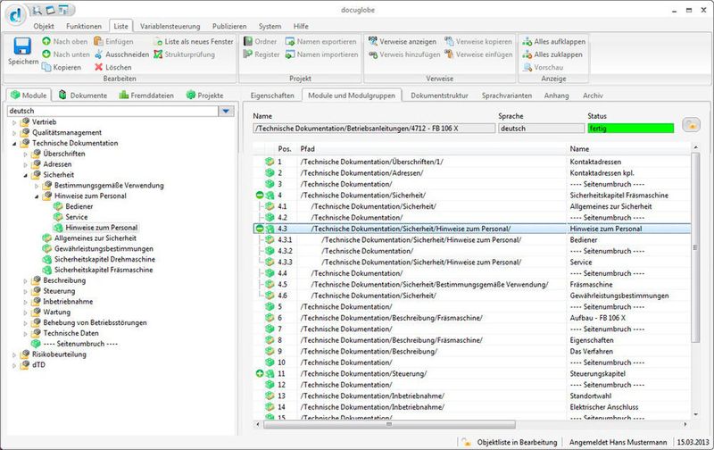 Docuglobe arbeitet mit wiederverwendbaren Inhalten. Ändern sich Teile eines Modulinhalts werden die Anpassungen in sämtlichen Dokumenten automatisch übernommen – eine Funktion, die den Anwendern erfahrungsgemäß wichtig ist und viel Arbeit spart. (GDS)