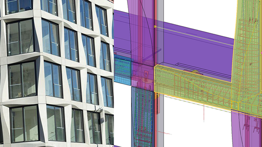 Glasbrüstung mit Betonelementen (l.), Detail-Ansicht der Bewehrung im Tekla-Modell (r.).(Bild:  PGG Gerstner)