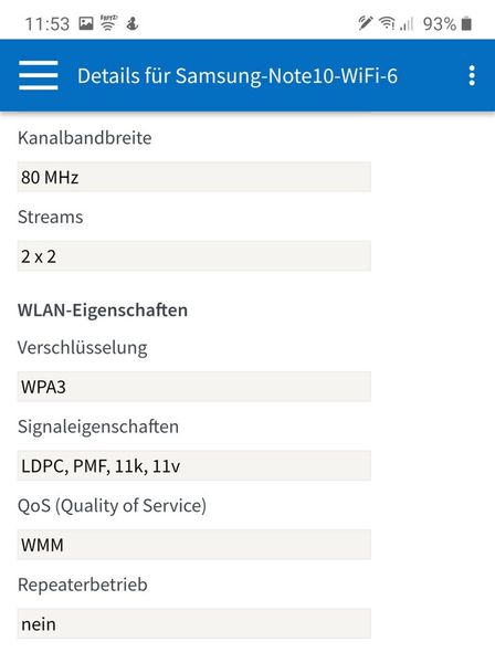 Abbildung 34: Die von der AVM FRITZ!Box 6660 Cable hier gerade in das Samsung Galaxy Note10+ eingespielten Infos sagen: Die Beiden sind mit Kanalbandbreiten von 80 MHz und einer WPA3-Verschlüsselung miteinander verbunden. (Bild: Harald Karcher)