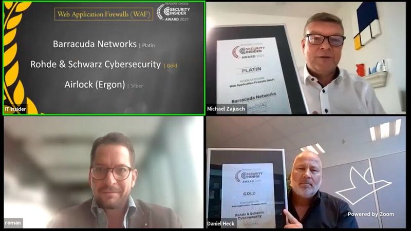 Den Abschluss bildete die Kategorie „Web Application Firewalls (WAF)“. Hier nahmen für Barracuda Networks Michael Zajusch den Platin-Award, für Rohde & Schwarz Cybersecurity Daniel Heck den Gold-Award und für Airlock Roman Hugelshofer den Silber-Award entgegen. (Vogel IT-Medien)
