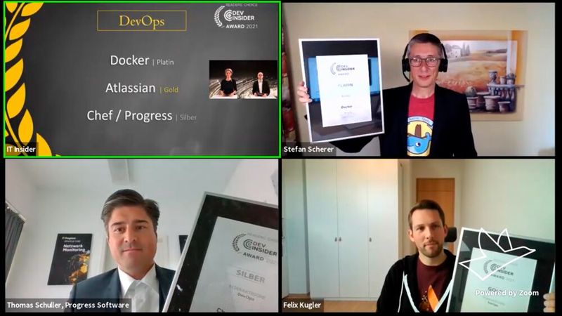 Die Kategorie „DevOps“ war bisher bei jedem Dev-Insider Readers‘ Choice Award vertreten, der Platin-Award segelt in den Hafen von Docker, vertreten durch Stefan Scherer (rechts oben); Gold sichert sich Atlassian mit Felix Kugler (rechts unten) und Silber geht an Thomas Schuller von Chef/Progress Software (links unten). (Vogel IT-Medien)