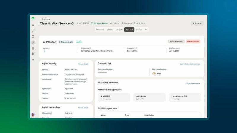 Im AI Passport sind pro Agent Herkunft, Verantwortliche, Risikoeinstufung sowie genutzte Modelle und Tools hinterlegt. Der Nachweis ist signiert, zeitlich befristet und lässt sich widerrufen.(Bild:  ServiceNow)