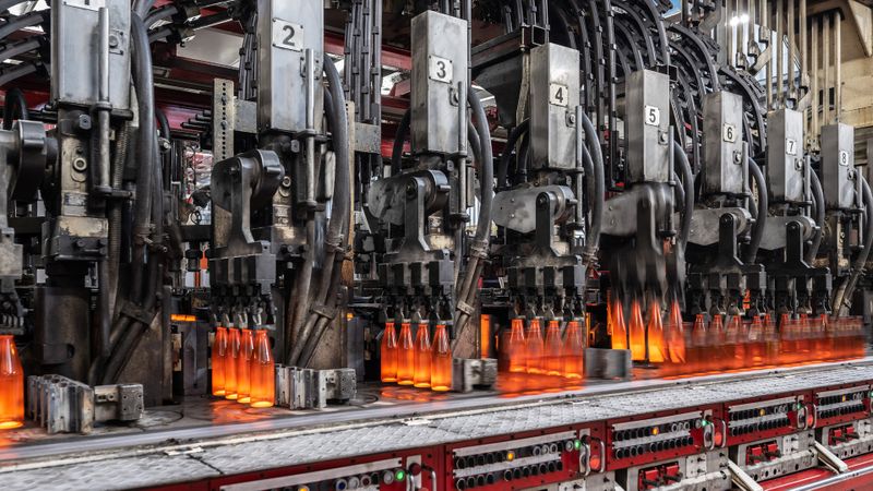 Glühend heiße Glasflaschen laufen in der Produktion über das Förderband. Wiegand-Glas modernisiert die standortübergreifende Produktionsplanung mit Elisa Industriq.(Bild:  Wiegand-Glas)