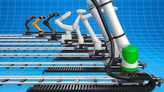 More affordably mobile! The image symbolizes the flexibility of use provided by a new seventh axis from Igus, which significantly extends the range of action for lightweight articulated robots. According to the Cologne-based company (Germany), the key feature is that the previously very costly programming effort is now a thing of the past. (Image:Igus)