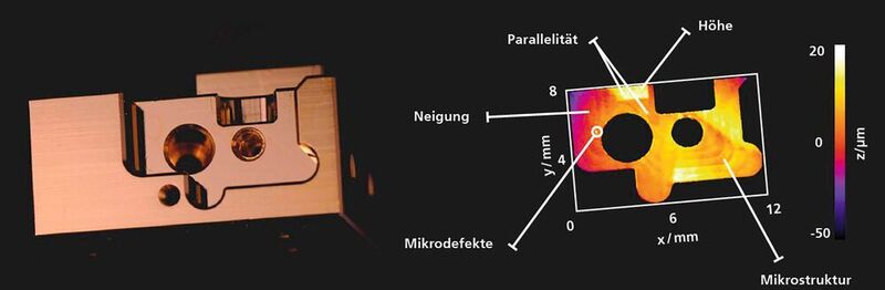 Bild 3: Der Holo-Cut-Sensor erfasst Bauteiloberflächen in Sekundenbruchteilen mikrometergenau und flächig. So werden neben der Geometrie gleichzeitig relevante Oberflächenparameter erfasst, beispielsweise Mikrodefekte und Mikrostrukturen sowie Höhe, Parallelität und Neigung von Flächen. (Fraunhofer-IPM)
