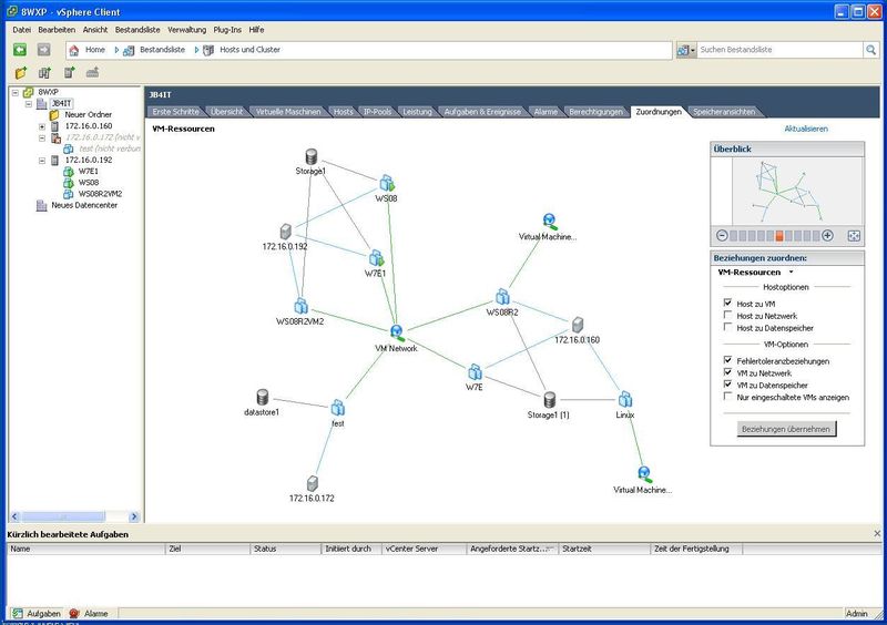 Unter den Zuordnungen des vCenters schlüsselt das System die Zuordnungen der Objekte auf. Dabei wird beispielsweise angezeigt welche virtuellen Maschinen auf welchen ESX-Server liegen und wie viel Speicher ihnen zugewiesen wurde. (Archiv: Vogel Business Media)