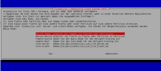 Auswählen der verwendeten Funktionen in Clonezilla.(Bild:  Joos – NCHC)