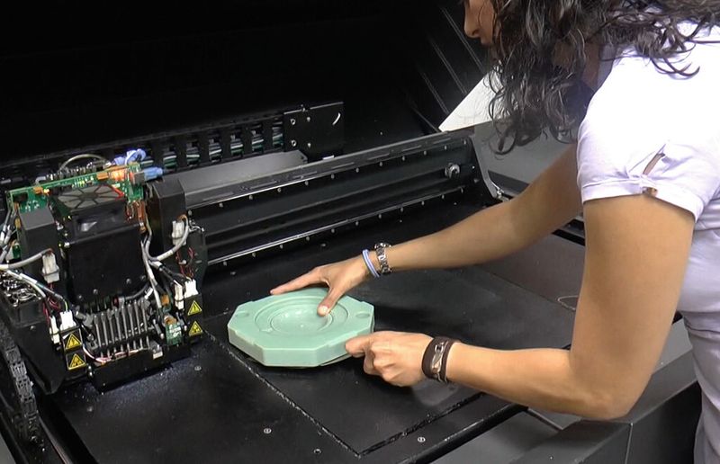 A worker removes a plastic injection mould for a diaphragm from a multi-material 3D printer, which has saved time and costs at the Northern Irish shop. (Source: Stratasys)