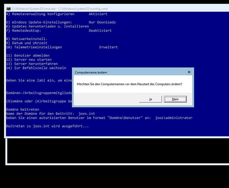 Abbildung 5: Im Hauptmenü zurück nehmen Admins den Server mit dem Punkt „1) Domäne/Arbeitsgruppe“ in die Domäne auf und ändern den Server-Namen. Anschließend starten sie den Server neu. (Thomas Joos/ Microsoft)