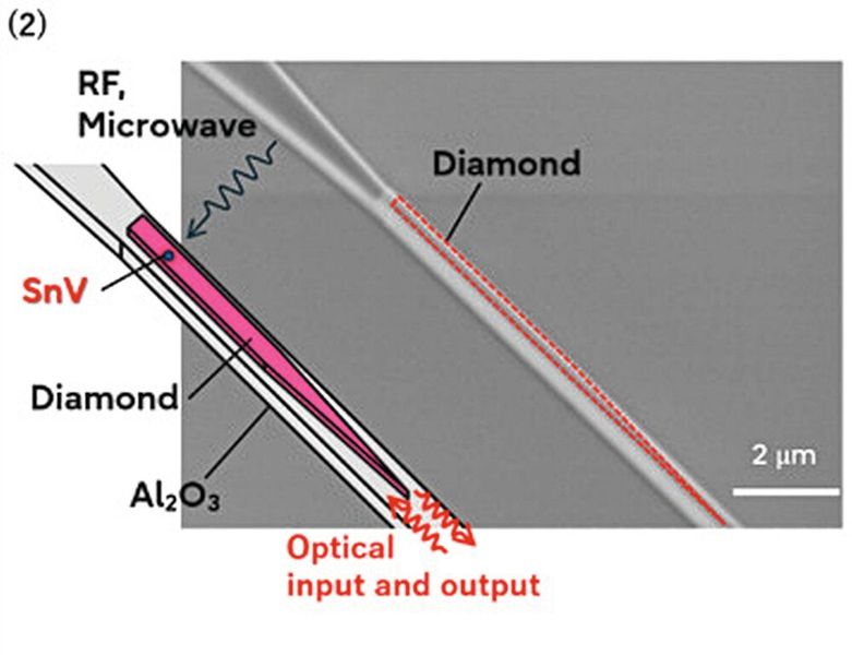 Elektronenmikroskopische Aufnahme und schematische Darstellung eines Teils der photonischen integrierten Schaltung aus Diamant mit SnV-Zentren und Wellenleitern aus Aluminiumoxid. (Bild: Fujitsu)
