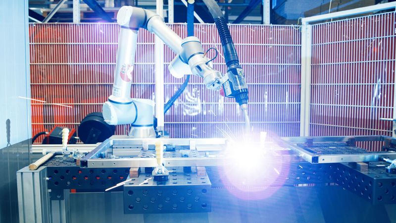 Ein auf einen 400 kg schweren Schweißtisch installierter und mit einem Handschweißgerät verbundener UR10e demonstriert auf der Automatica, wie Lichtbogenschweißen mit dem UR+-Anwendungs-Kit Smartarc von FSK Industries funktioniert.  (Bild: Universal Robots)