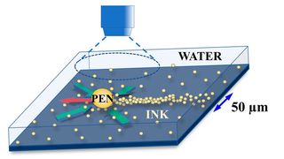 So funktioniert das „Schreiben im Wasser“ vom Prinzip her. Der Minikugelschreiber aus Ionentauschermaterial zieht die Tinte an, überschüssige Tinte bildet die Zeichnung. (Bild: Th. Palberg)