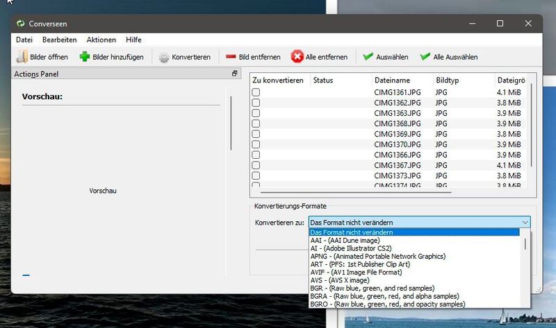 Auswählen der verschiedenen Formate, zu denen Bilder konvertiert werden können. (Bild: Joos (Screenshot))