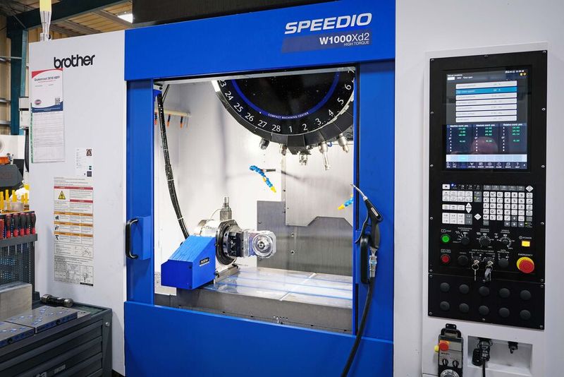 The Brother Speedio W1000Xd2, which has an X-axis travel of one metre, on the shop floor at DPE’s Birkenhead factory. About half of the programs are entered at the control, with the remainder prepared offline with the assistance of One CNC CADCAM software. (Source: Whitehouse Machine Tools )