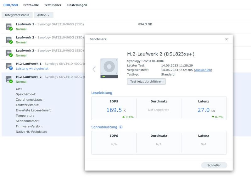 Benchmark-Test von SSD auf einem Synology-NAS. (Bild: Joos - Synology)