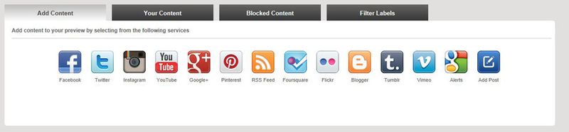 Übersicht der von Postano unterstützten Informationsquellen, unter anderem soziale Netzwerke, Blogs und RSS-Feeds. (R.Dombach)