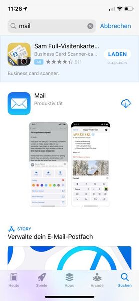 Die Mail-App von Apple kann jederzeit wieder aus dem App-Store installiert werden, sobald das Update von Apple verfügbar ist und eingespielt wurde. (Joos)