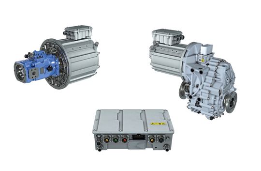 Die modulare und skalierbare Rexroth E-Lion-Plattform für die Elektrifizierung mobiler Arbeitsmaschinen umfasst Motorengeneratoren, Inverter, Getriebe, Software und Zubehör sowie abgestimmte Hydraulik.(Bild:  Bosch Rexroth)