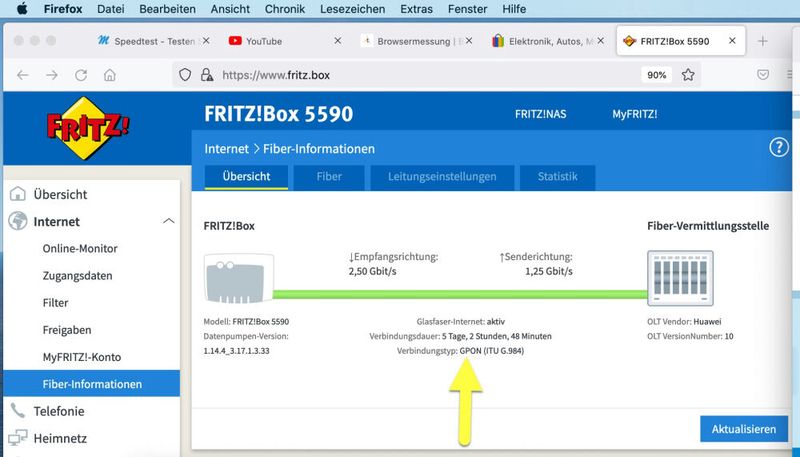 AVM Fritzbox 5590 Fiber – Verbindungstyp GPON ITU G.984. (Bild: Harald Karcher)